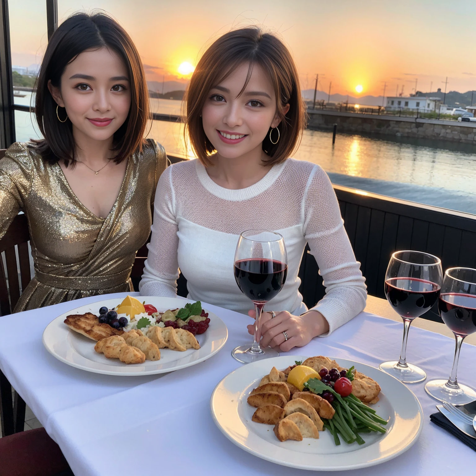 ((Highest quality、8K、masterpiece:1.3))、 (Ultra-realistic、 Genuine、Bright image、Intricate details:1.2), 最高のsmile、1 male 1 female、Beautiful couple、Love Love Love、spouse、Female announcer、actress couple、smile、Full-course dinner at a packed table、 (Slim face), (the body is slim), (Brown Hair), (short hair), テーブルのwine glass、Please shine a light on my face、 Amazing view of the sunset sky and clouds、 years old 39 years old, red wine 、Appetizers、Wine bottle、sparkling wine、Long sleeve shirt、dress、White wine, red wine, wine glass,