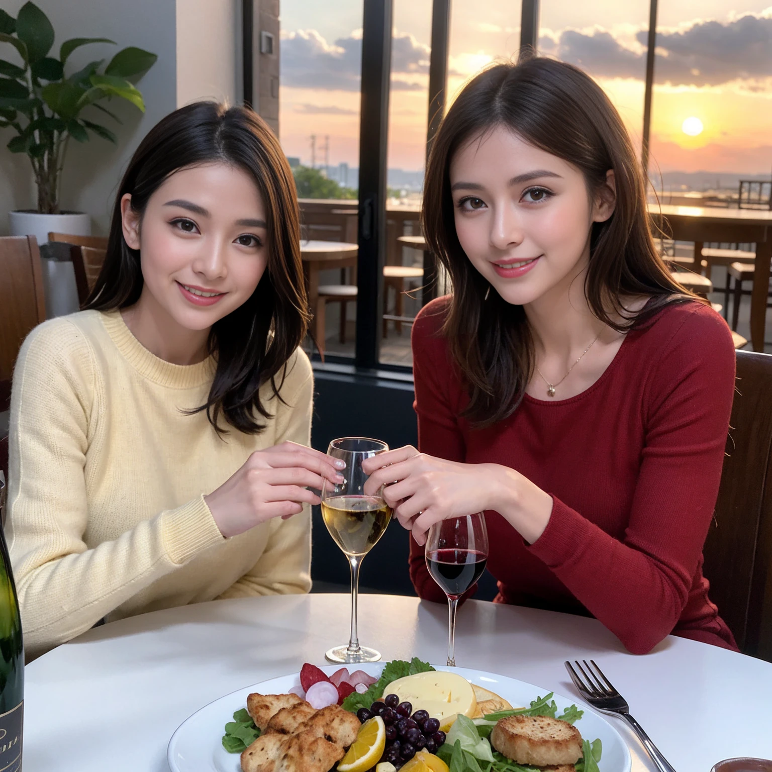 ((Highest quality、8K、masterpiece:1.3))、 (Ultra-realistic、 Genuine、Bright image、Intricate details:1.2), 最高のsmile、1 male 1 female、Beautiful couple、Love Love Love、spouse、Female announcer、actress couple、smile、Full-course dinner at a packed table、 (Slim face), (the body is slim), (Brown Hair), (short hair), テーブルのwine glass、Please shine a light on my face、 Amazing view of the sunset sky and clouds、 years old 39 years old, red wine 、Appetizers、Wine bottle、sparkling wine、Long sleeve shirt、dress、White wine, red wine, wine glass, 