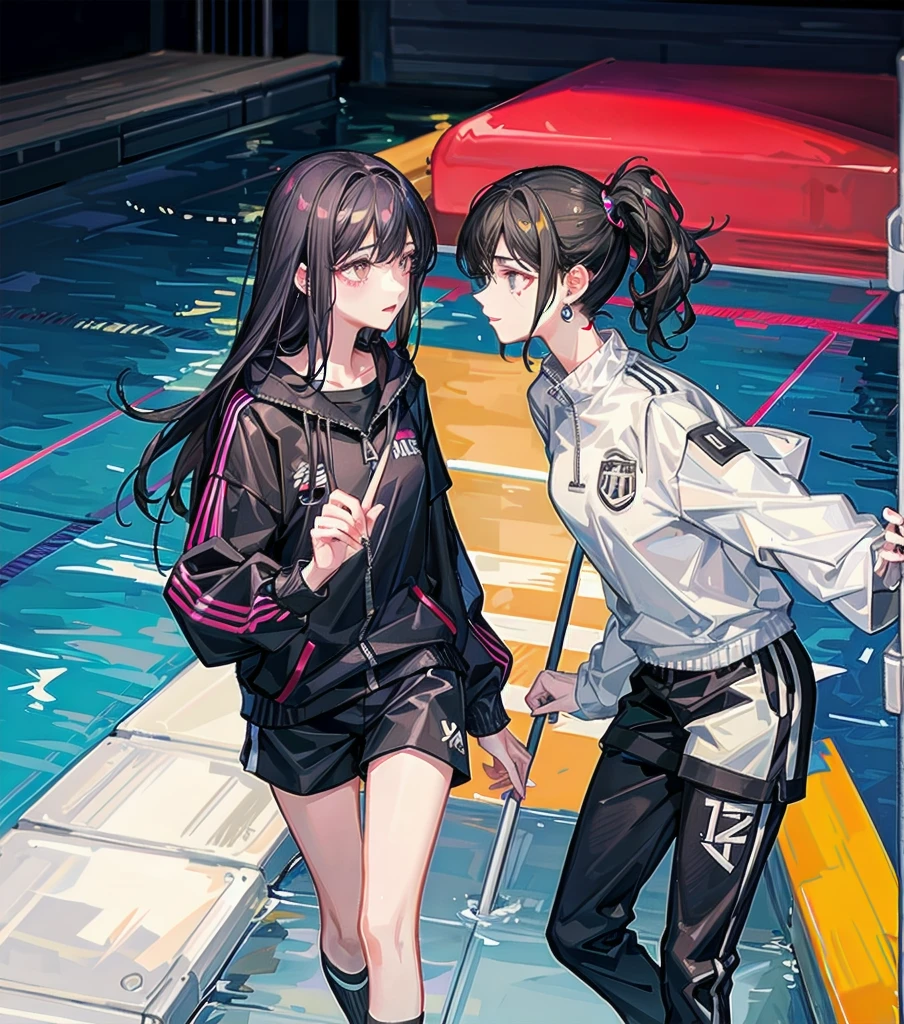 full body, delicate facial features, medium tits, medium hair, black hair, tearful mole, earring, tracksuit, shorts, pool, yuri, 2 girls,