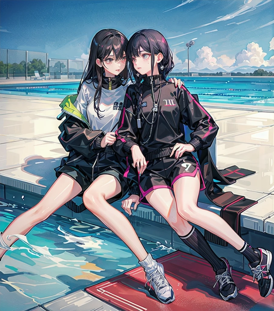 full body, delicate facial features, medium tits, medium hair, black hair, tearful mole, earring, tracksuit, shorts, pool, yuri, 2 girls,
