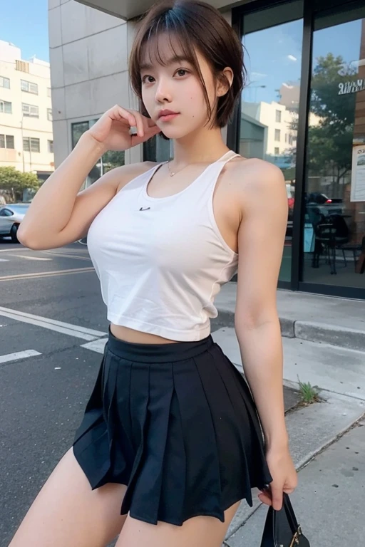 Female college student，Big Tituscular，Athletic build，Broad shoulders，Has biceps，Summer clothes，skirt，Tank top，Thick thighuscle training girl，short hair，Brown Hair
