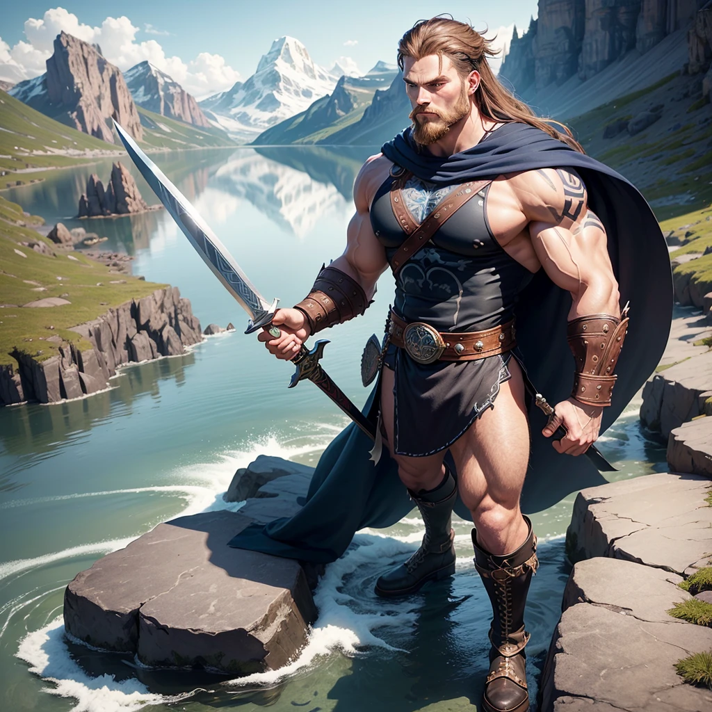 Vector design for t-shirt the one black tatto Viking left arm, a full body muscular Viking man, muscular legs, holding just one big sword in his right hand, perfect hands, brown hair parted with bangs, perfect realistic blue eyes, wearing warrior leather boot, wearing warrior boots, lake and mountains in the background.