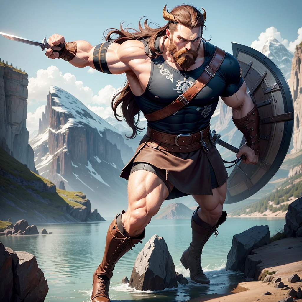 Vector design for t-shirt the one black tatto Viking left arm, a full body muscular Viking man, muscular legs, holding just one big sword in his right hand, perfect hands, brown hair parted with bangs, perfect realistic blue eyes, wearing warrior leather boot, wearing warrior boots, lake and mountains in the background.
