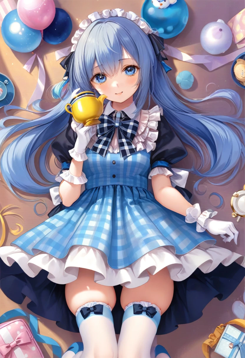 masterpiece, best quality, extremely detailed, (illustration, official art:1.1), 1 girl ,(((( light blue long hair)))), ,(((( light blue long hair)))),light blue hair, , long hair ((blush)) , cute face, big eyes, masterpiece, best quality,(((((a very delicate and beautiful girl))))),Amazing,beautiful detailed eyes,blunt bangs((((little delicate girl)))),tareme(true beautiful:1.2), sense of depth,dynamic angle,,,, affectionate smile, (true beautiful:1.2),,(tiny 1girl model:1.2),)(flat chest), 1girl, , charmy-angle, looking at viewer, blue bow, frills, striped bow, head tilt, smile, frilled dress, thighhighs, white thighhighs, hair ornament, shoes, frilled sleeves, dress bow, cross-laced clothes, blue eyes, wrist cuffs, puffy short sleeves, polka dot bow, detached sleeves, leg up, short sleeves, solo, white gloves, bow legwear,, bow print, holding, blunt bangs, standing on one leg, outstretched arms, yellow dress, ahoge, plaid dress, :d, layered dress, blue footwear, collared dress, spread arms, off shoulder, white bow, hair bow, wavy hair, bag, animal bag, white neckwear, standing, blue ribbon, handbag, blush, neck ribbon, yellow bow, diagonal-striped bow, white collar, bear print, shadow, hair ribbon, bare shoulders, frilled thighhighs, orange dress, garter straps, open mouth, frilled bow, print skirt, detached collar, bear shaped bag, back bow, puffy sleeves, masterpiece, best quality,(((Checked dress)))
,garden, (Tea party, tea set,)
