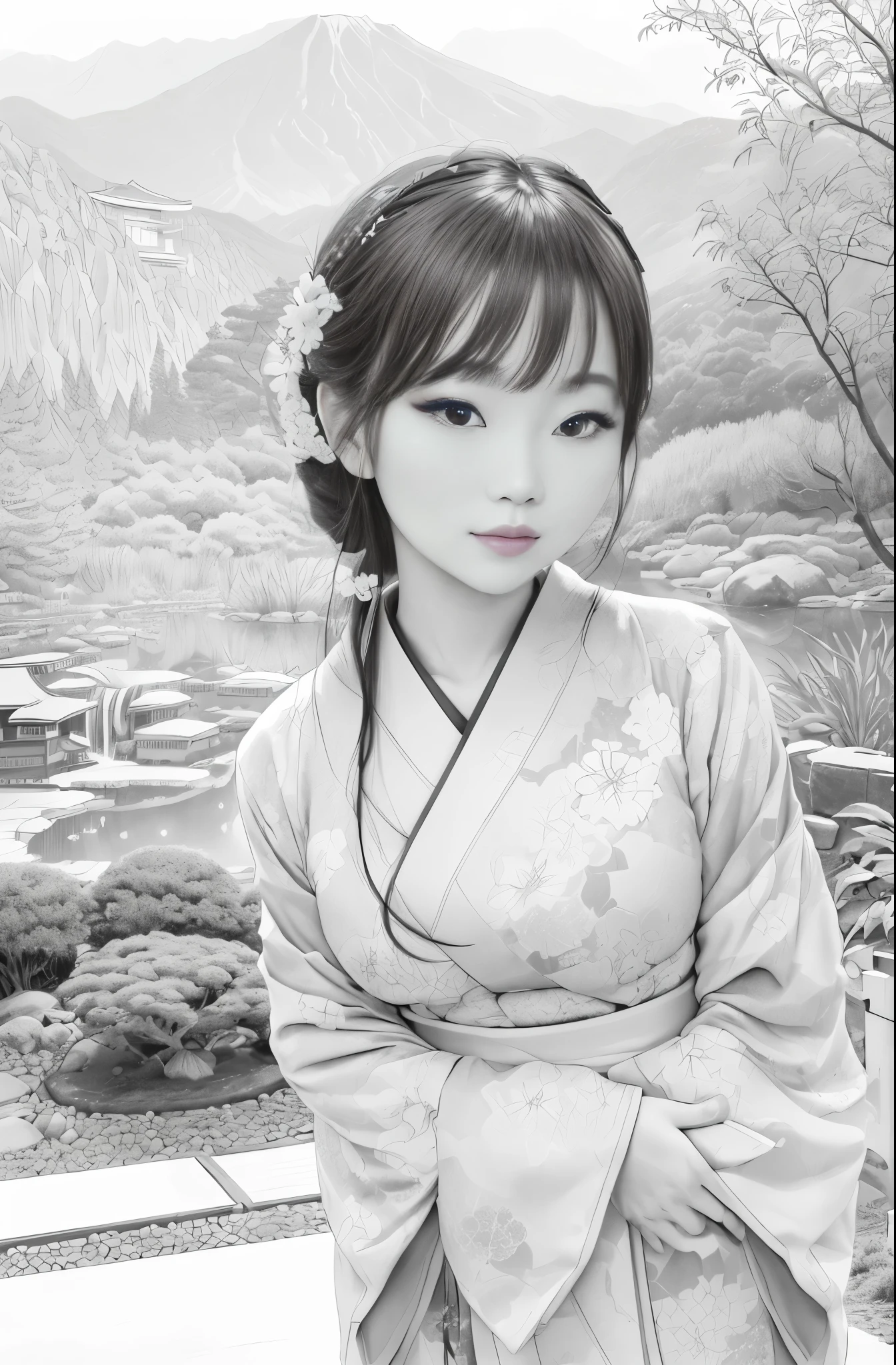 Woman in kimono standing in front of a mountain, by Tang Shin-woon Sandara, inspired by Yoon Du-seo, inspired by Shim Sa-jeong, portraits of Korean female idols, Please create a simple monochrome coloring book that even a can do, depicting a realistic and cute ukiyo-e illustration of a girl in a kimono, in various poses, with a Japanese garden in the background, that conveys Japanese culture.