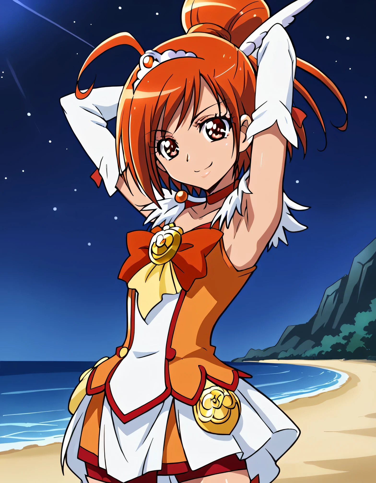 curesunny, shiny skin, high quality, solo, 1girl, night sky, beach, arms behind head, (contrapposto), closed mouth, spread armpits, (cowboy shot:1.5), looking at viewer, best quality, smile,