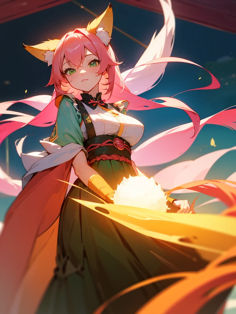kitsune idol in a tavern, foxgirl, fox ears, fox tails, pink hair, green eyes, light blue idol dress, tavern background, high quality, masterpiece