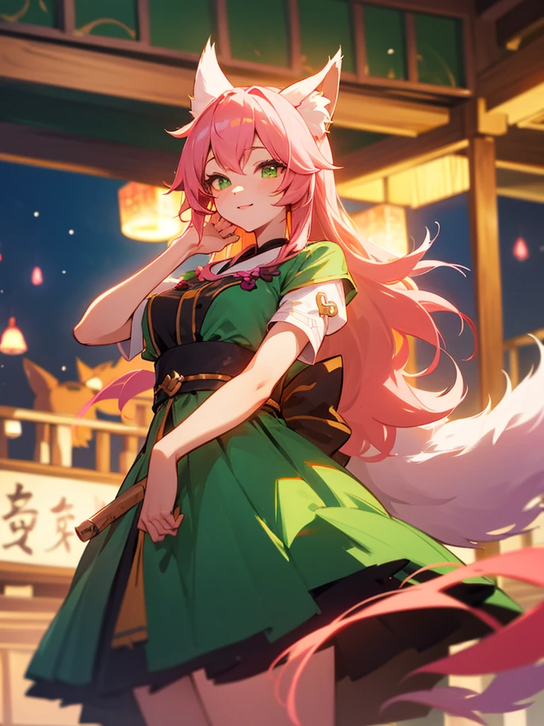 kitsune idol in a tavern, foxgirl, fox ears, fox tails, pink hair, green eyes, light blue idol dress, tavern background, high quality, masterpiece
