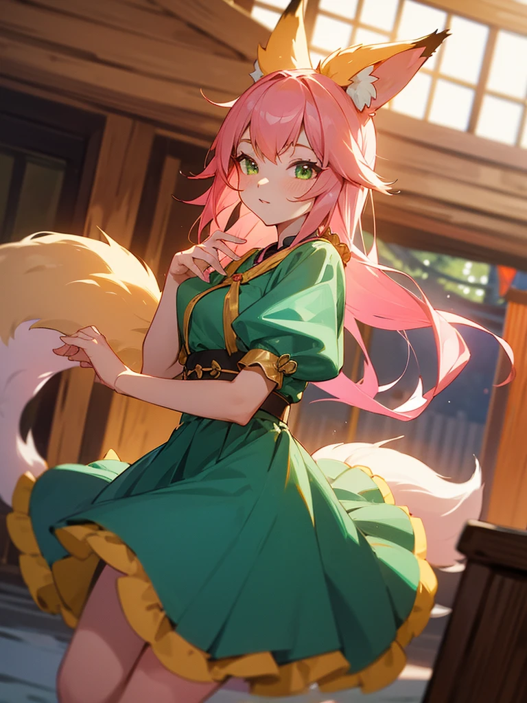 kitsune idol in a tavern, foxgirl, fox ears, fox tails, pink hair, green eyes, light blue idol dress, tavern background, high quality, masterpiece