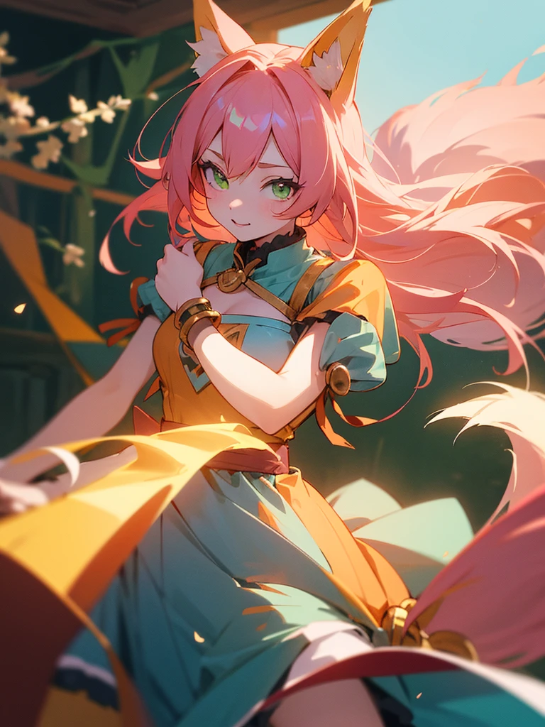kitsune idol in a tavern, foxgirl, fox ears, fox tails, pink hair, green eyes, light blue idol dress, tavern background, high quality, masterpiece