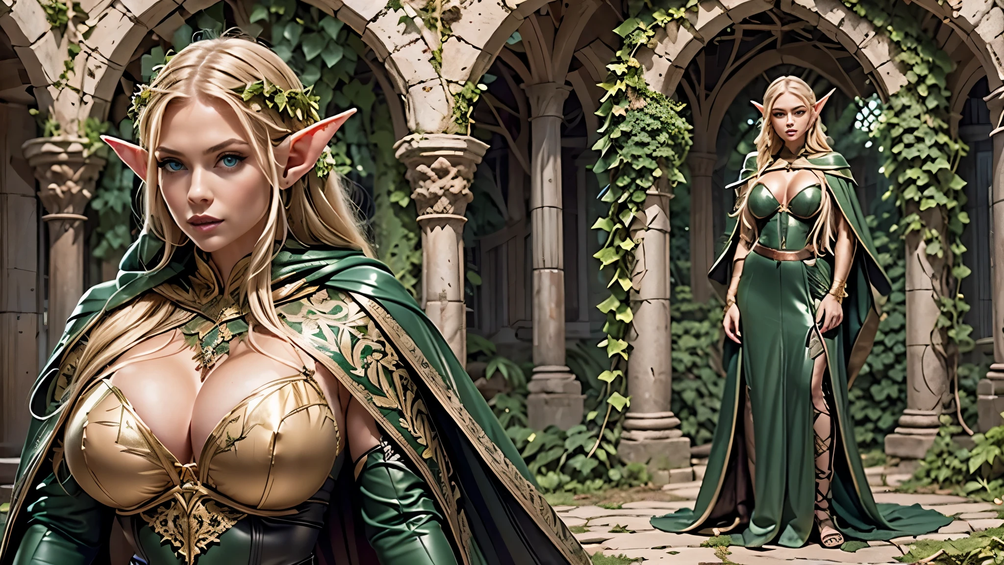 (masterpiece, best quality:1.2), solo8k, (full view of body), Elf ears, Huge breast, (1 woman, elven featured face, seductive expression, massive bulging breast, beautiful green eyes, braided blonde hair, thick hips, narrow shoulders, hourglass, thick bush, camel toe), (leather green hooded cape, thin braided leather straps, gartered bustier and panty, elven designed outfit, gold laced ivy leaf pattern), (medieval setting, stone ruins, ivy vines, oak forest, great oak background),