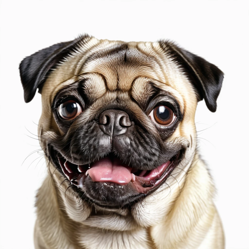 masterpiece, ultra realistic, UHD, 4k, a picture of a happy pug dog face, white background
