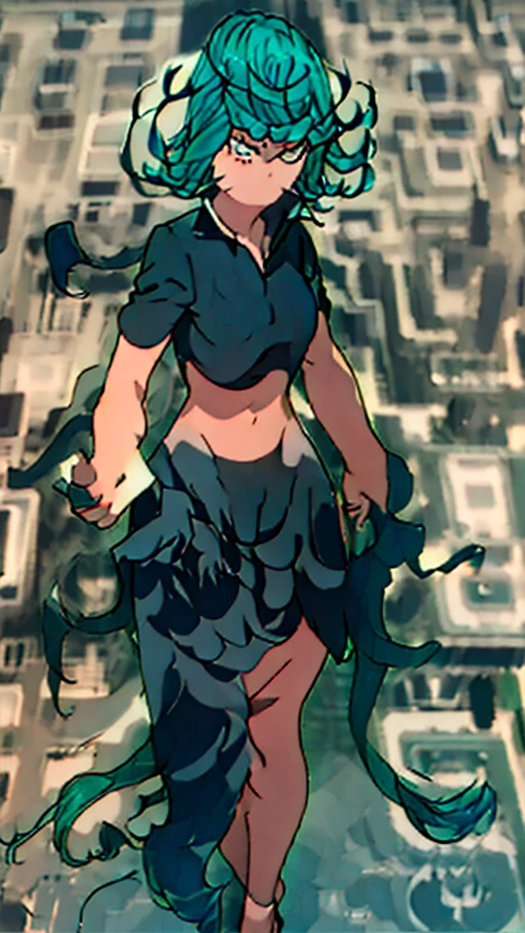 ((best quality)), ((masterpiece)), (detailed), perfect face, blue top, crop top, blue fitted sports shorts, huge breasts, huge ass , green hair
