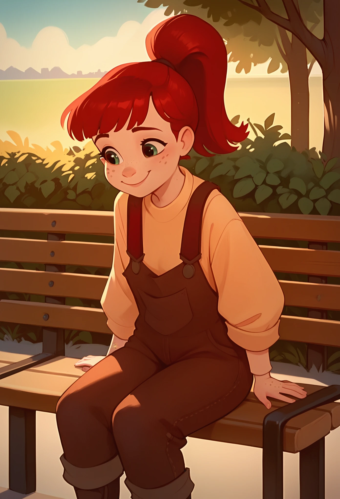 score_8, Score_9, 1 girl, solo,  rosy, red hair, overalls, freckles, ponytail, standing, smiling, outdoors, sitting on bench,