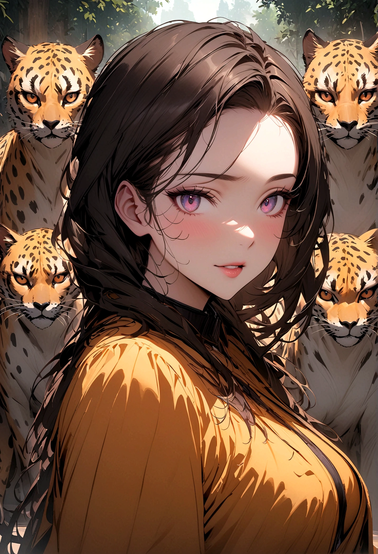 ((Masterpiece, top quality, high resolution)), ((highly detailed CG unified 8K wallpaper)), (huge stunning goddess shot, very hot and sexy, jaw-dropping beauty, perfect proportions, beautiful body, slim body beauty:1.1), three cheetah sisters, three anthropomorphic cheetah women, all wearing karate costumes, pose for the camera,