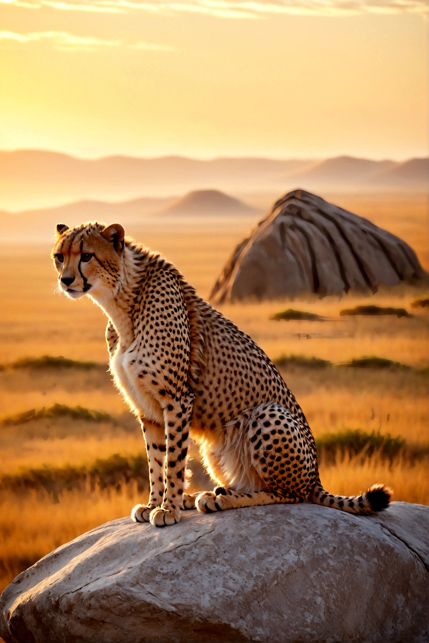 a Cheetah on the rock, sunset, the wild world,