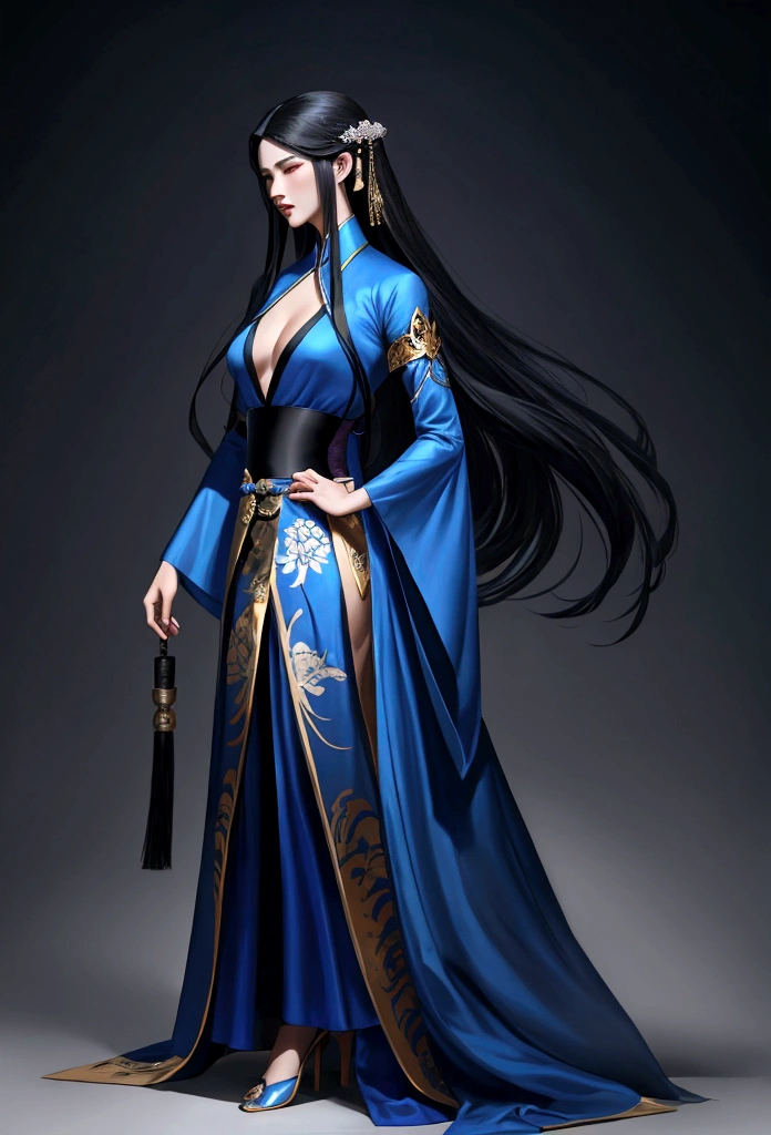 Close up of person in blue gown with long hair, flowing hair and long gowns, heise jinyao, full body martial arts, Guandosung(Guan Daosheng)inspired by, with his long black hair, Inspired by Jojbai, Jingna Zhang, wearing a black gown, by Jay Yang, Inspired by Oh Do-ja, Inspired by Woobin
