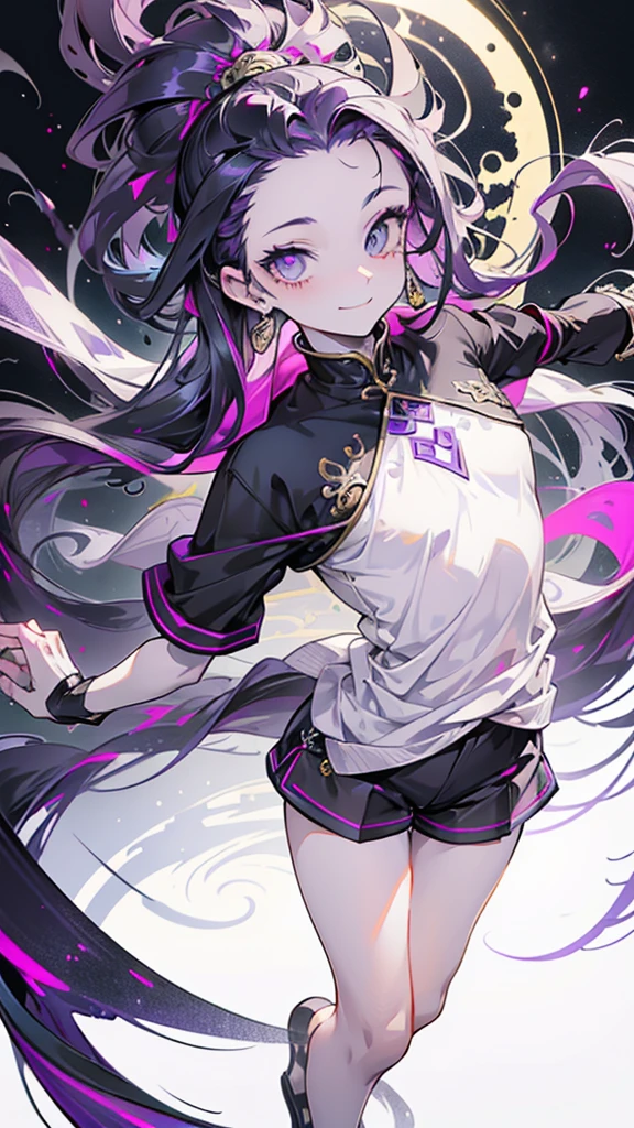 cheerful boy with open forehead. dark purple hair braided in a ponytail on the left side to one side. sinuous black horns wrapped in dark purple ribbon. pale violet eyes. in short dark purple shorts. long white T-shirt. dark purple knee-high socks. a white long robe with a hood flutters in the wind. black ancient stone walls of the castle purple light from lamps with gold ornaments, heterochromia, long curly hair, pale skin, I look at the viewer, closed mouth, bright smile, Beautiful, extremely detailed eye, Absolutely amazing art, extremely detailed, Digital art of the highest quality, full length