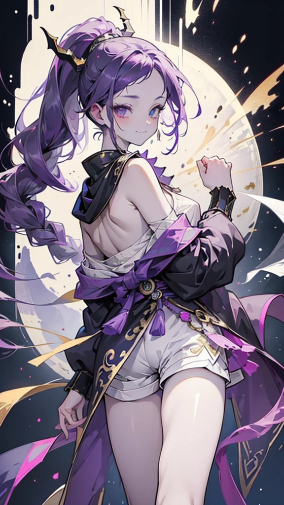 cheerful boy with open forehead. dark purple hair braided in a ponytail on the left side to one side. sinuous black horns wrapped in dark purple ribbon. pale violet eyes. in short dark purple shorts. long white T-shirt. dark purple knee-high socks. a white long robe with a hood flutters in the wind. black ancient stone walls of the castle purple light from lamps with gold ornaments, heterochromia, long curly hair, pale skin, I look at the viewer, closed mouth, bright smile, Beautiful, extremely detailed eye, Absolutely amazing art, extremely detailed, Digital art of the highest quality, full length