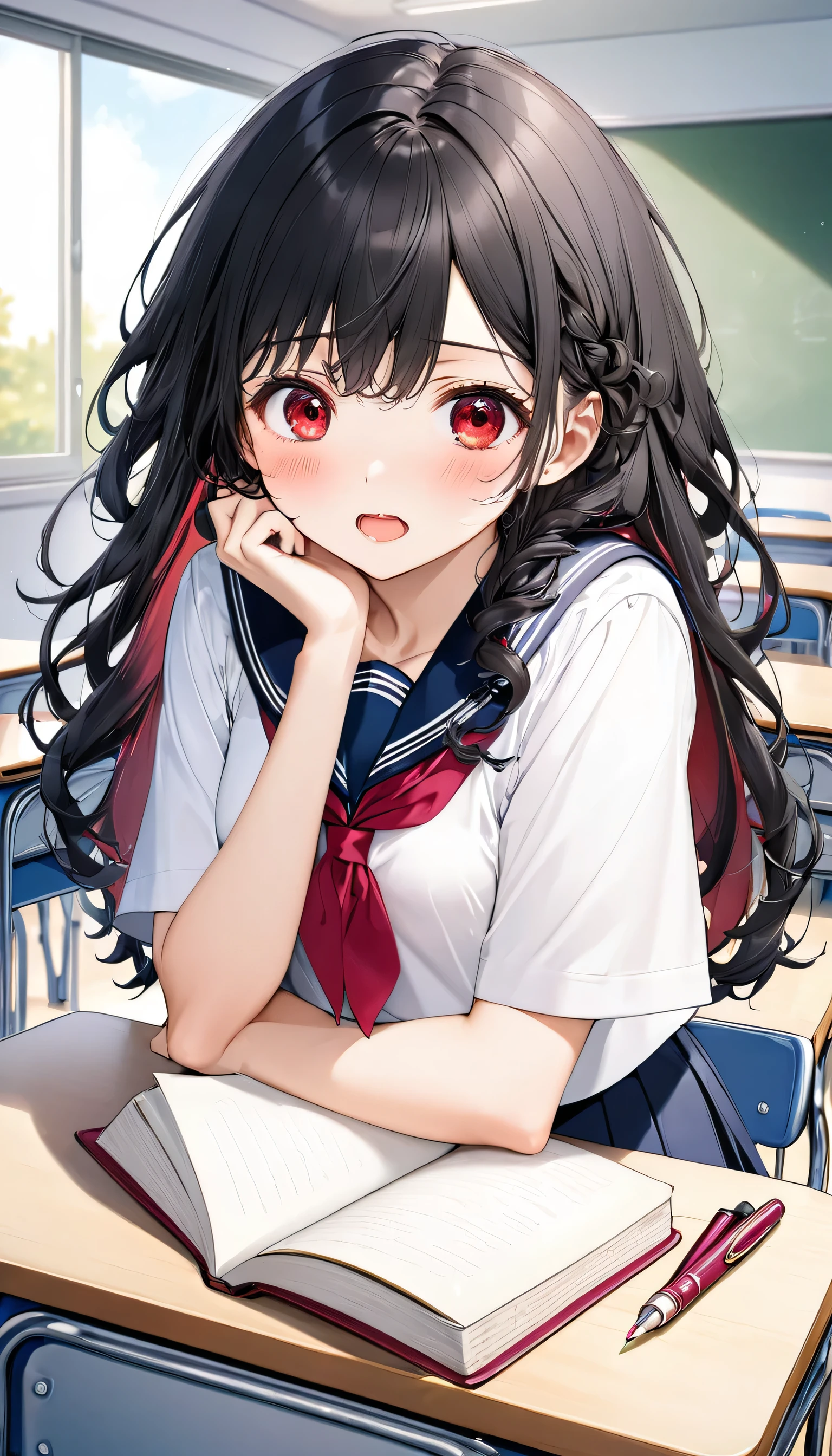 (diligence style) (sit in a desk chair, text books on the wide desk), (15 yo, solo:2 curly:1.3 black hair long hair lovely girl, surprised red eyes, surprised face), holding a pen, in a summer school sailor suit, skirt), break, in the school classroom, background a Good friends, BREAK, perfect anatomy, masterpiece, best quality, 16k, beautiful detailed grow, daydreaming expression.