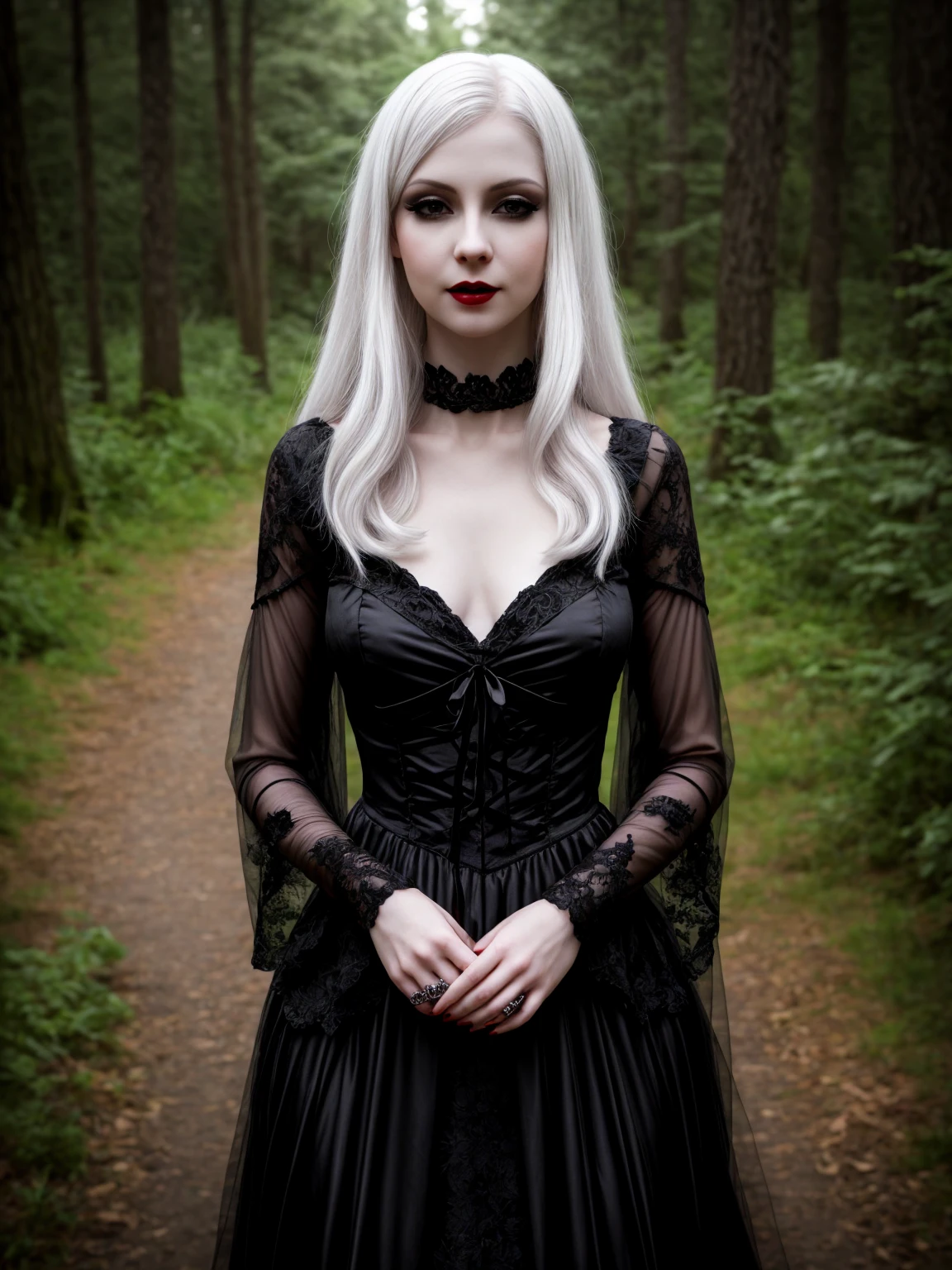 female sexy vampire|albino, pale porcelain skin, sexy vintage black dress, smile, shallow depth of field, grin|creepy, nightfall, detailed face, night, wide hips, narrow waist, portrait of woman standing, detailed eyes, portrait of woman standing, 8k RAW photo, highest quality, looking at the viewer, best shadow, intricate details, long hair, bright eyes, forest, grave, gothic, goth detailed, highres, high qualilty, high saturation