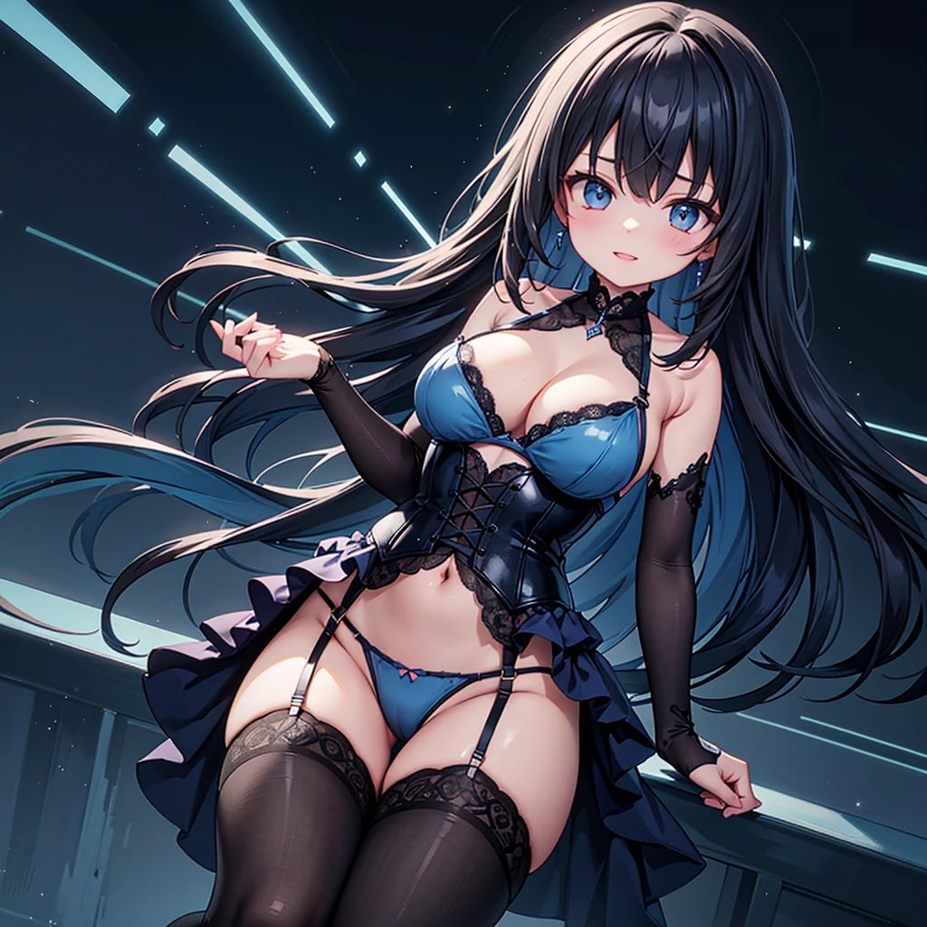 ultra-quality, ultla highres, Hyper Detailed, High contrast, Ultrafine Strike, creative refinement,A dark-haired,Blue lingerie,ssmile,blue corset,Blue garter belt,Show Pub,5 fingers on hand
