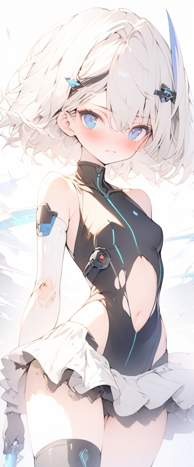 beautiful, masterpiece, Highest quality, anime, One girl, C Cup,Portrait Shot, View your viewers, Covered、Short Hair、nearby、Blue Eyes、art、、White hair,Blue streaked hair、wallpaper、hairpin、Thighs、navel、Floating sci-fi hair accessories、Sci-fi knee-high boots、Cute、Torn sci-fi underskirt、Torn sci-fi combat uniform、Embarrassed