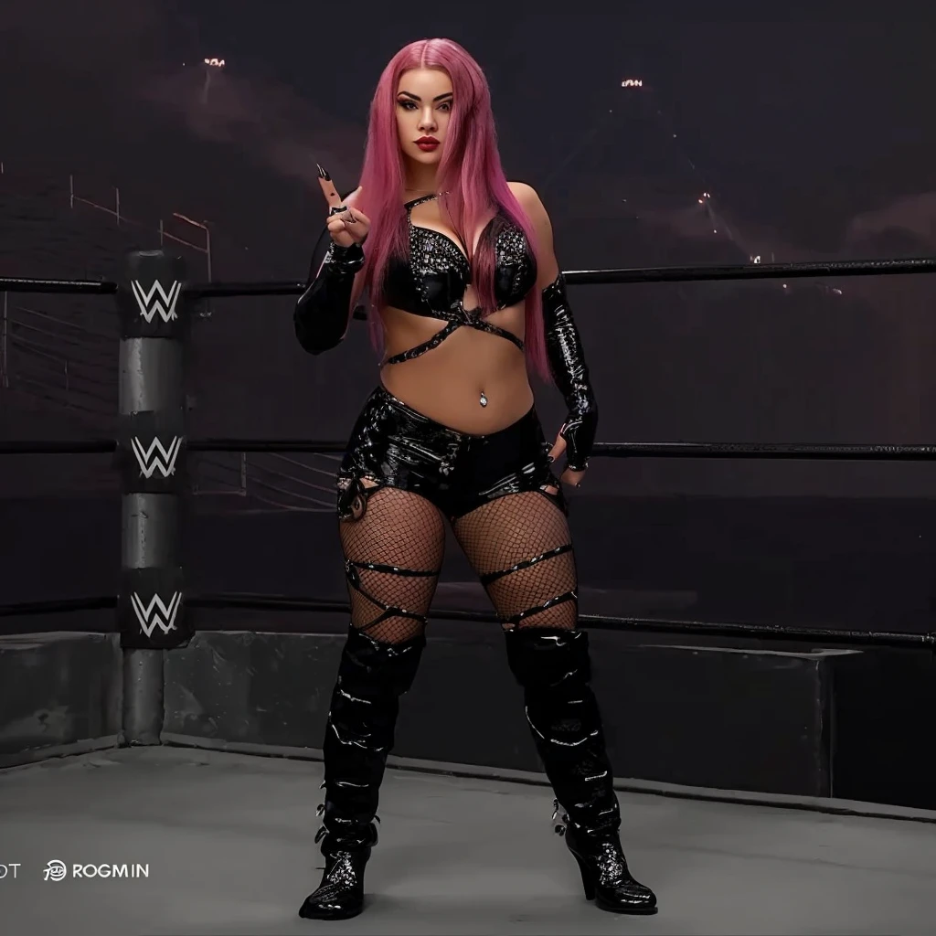 araffe woman in a black outfit posing in a ring, inspired by Ion Andreescu, fishnets, holding a pudica pose, pudica pose, chrome outfit, sinister pose, intimidating pose, photo from 2022, with acrylic nails, long and straight pink hair, sexy, dominant, hot, pretty, curvy body, sexy pudica pose gesture, tanny skin, badass pose, new character, spellcasting pose, claws are up