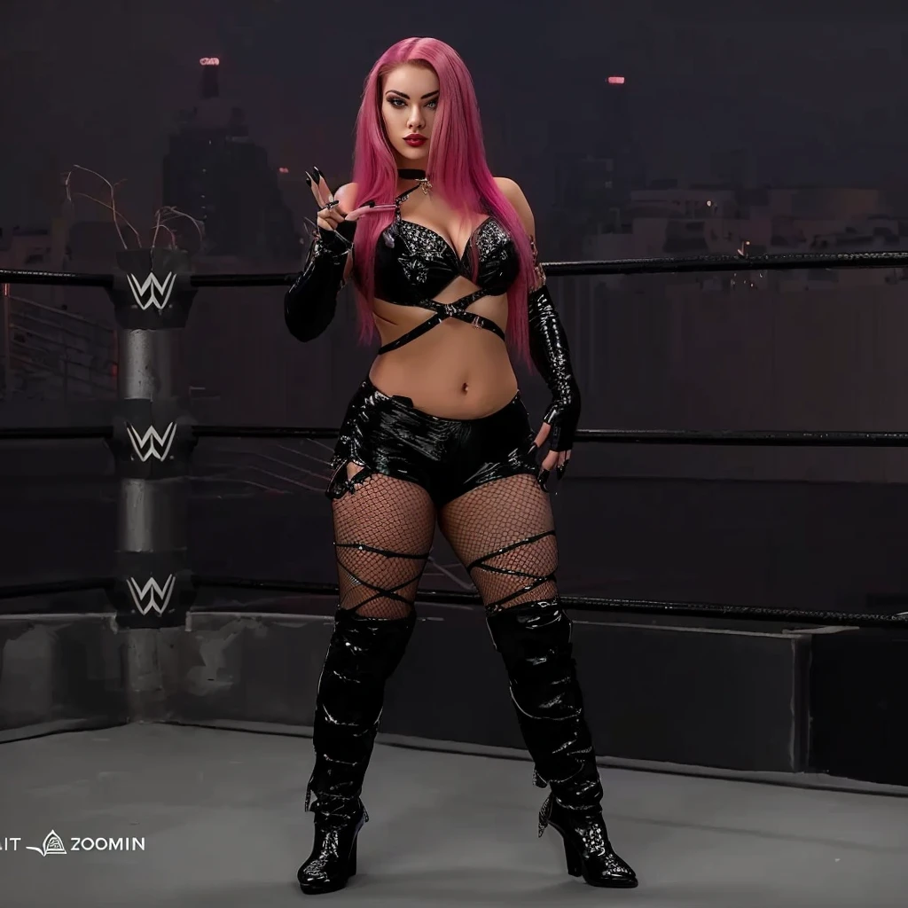 araffe woman in a black outfit posing in a ring, inspired by Ion Andreescu, fishnets, holding a pudica pose, pudica pose, chrome outfit, sinister pose, intimidating pose, photo from 2022, with acrylic nails, long and straight pink hair, sexy, dominant, hot, pretty, curvy body, sexy pudica pose gesture, tanny skin, badass pose, new character, spellcasting pose, claws are up