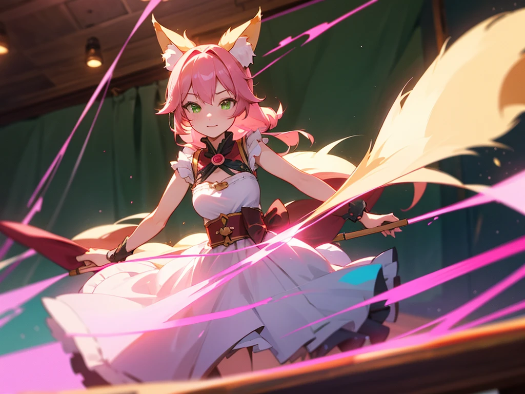 kitsune idol in a tavern, foxgirl, fox ears, fox tails, pink hair, green eyes, light blue idol dress, tavern background, high quality, masterpiece