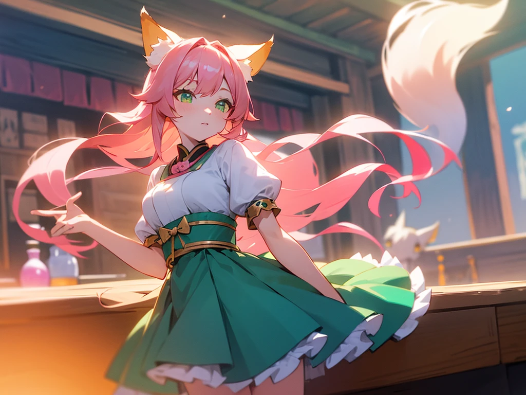 kitsune idol in a tavern, foxgirl, fox ears, fox tails, pink hair, green eyes, light blue idol dress, tavern background, high quality, masterpiece