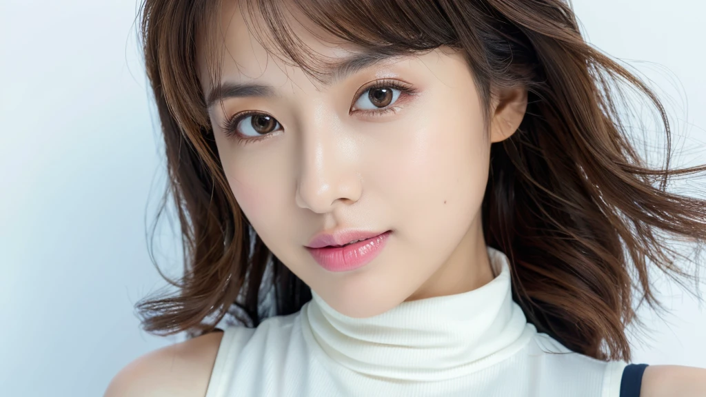 (detailed face),VIVID,normal breasts,pretty,sleeveless and turtle neck white silky clothes,4k ,super high resolution ,(photo-realistic: 1.7),white background,long hair,