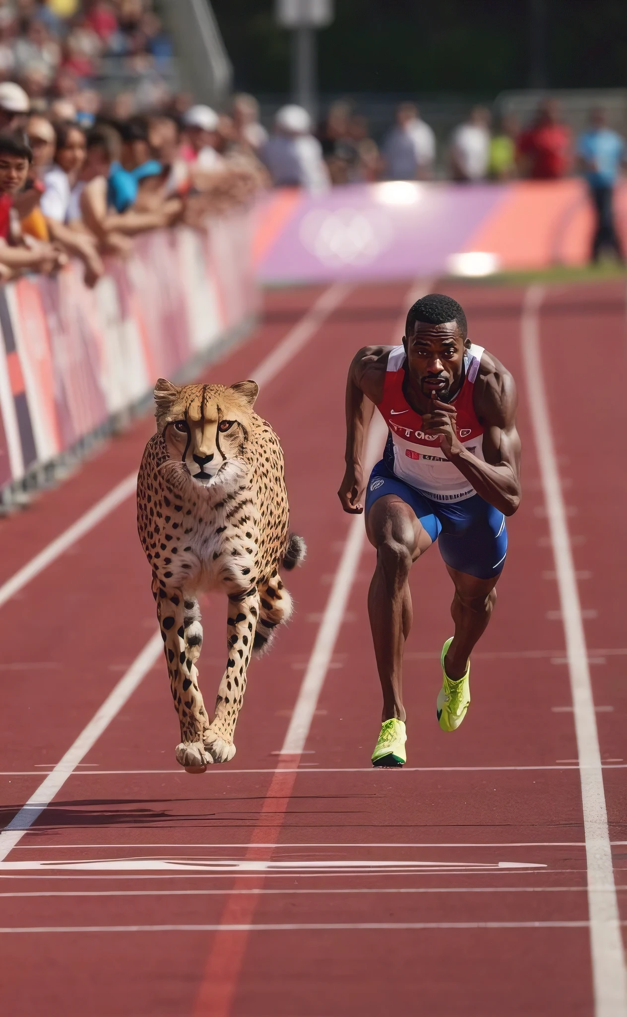 A stunning photograph capturing the incredible moment a cheetah races alongside an athlete on a pristine Olympic track. The cheetah, in its natural agility and speed, is seen with its eyes wide and fur flowing in the wind. The athlete, in peak physical condition, maintains a focused gaze ahead. The track is lined with onlookers, mesmerized by the unique spectacle unfolding. The atmosphere is filled with drama, adrenaline, and awe., photo