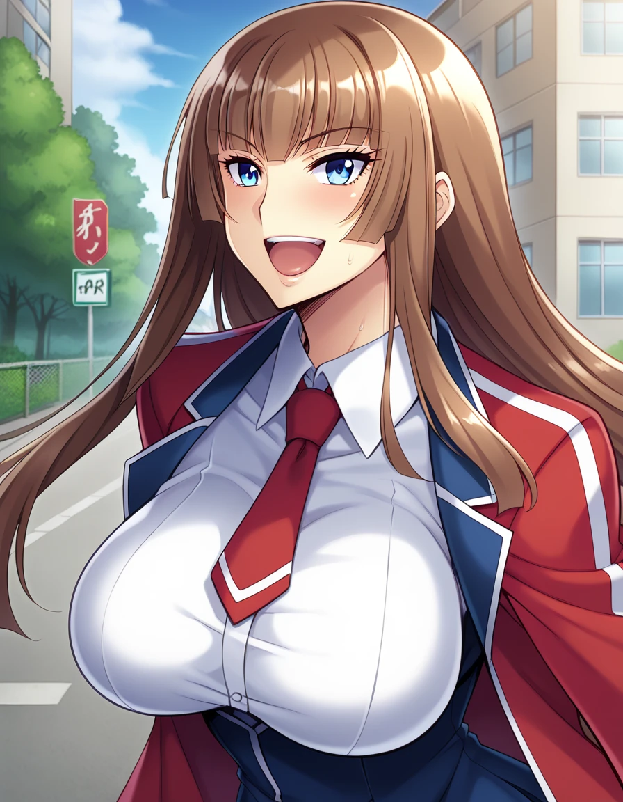 score_9, score_8_up, score_7_up, score_6_up, source_anime, aoi_nagisa_\(metalder\), BREAK solo, 1girl, koukawa asuka, brown hair, long hair, blue eyes, bangs, (huge breasts:0.8), medium body, BREAK (blue school_jacket, tight clothes:1.2), breasts, black gloves, white collared _blouse, red long_tie, black pleated_skirt, BREAK happy, open mouth, outside, street, (upper body:1.1),