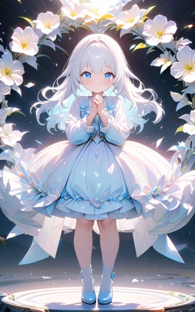 Anime girl with blue eyes and white hair, Symmetrical up and down，Daughter，Full body female love，Hands together，flowers bloom，（Very detailed:1.1），masterpiece，Super fine，best quality，8K