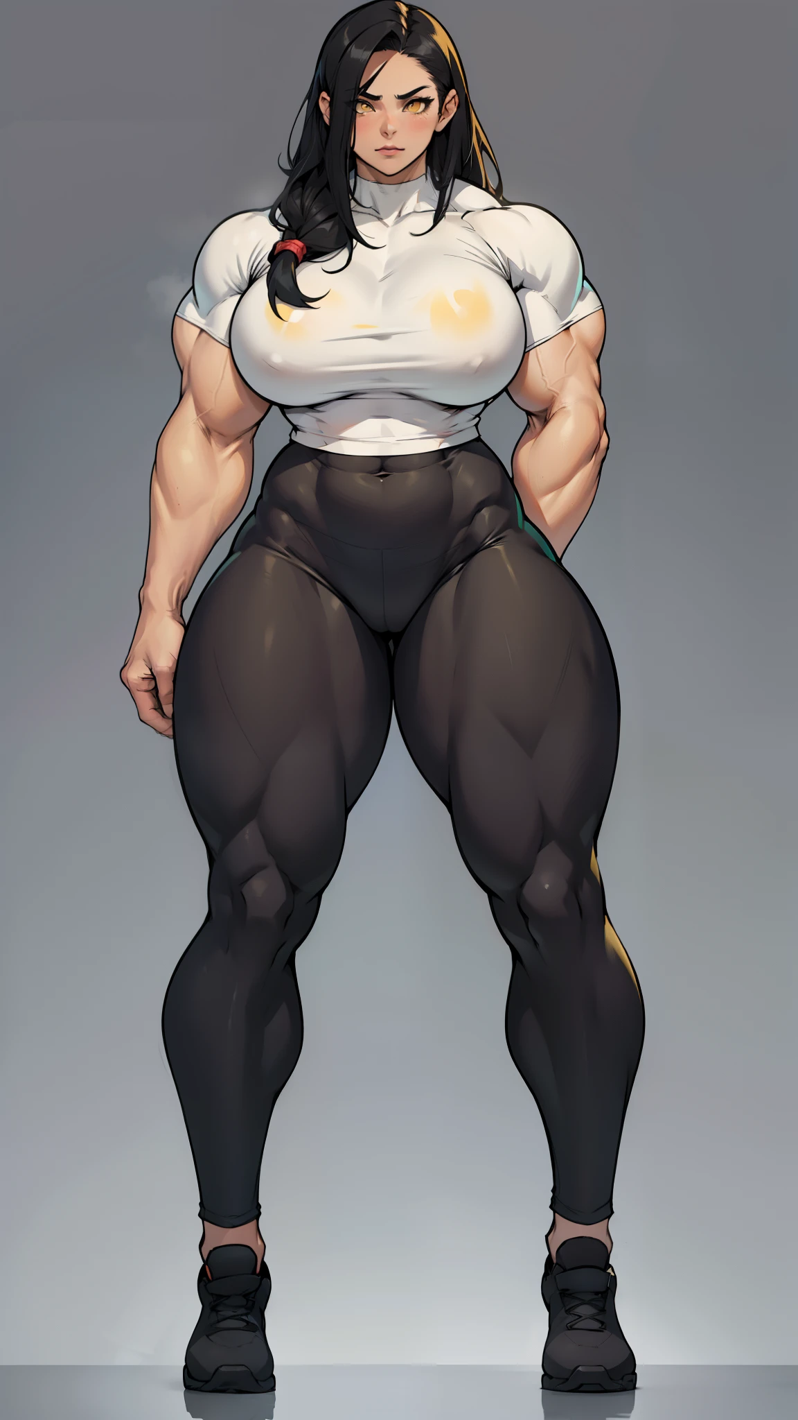 massive breasts huge muscles muscular girl toned body bodybuilder grey background full body leggings tight shirt black hair yellow eyes pale skin long hair wide hips curvy thick thighs thick thick thick thick tight