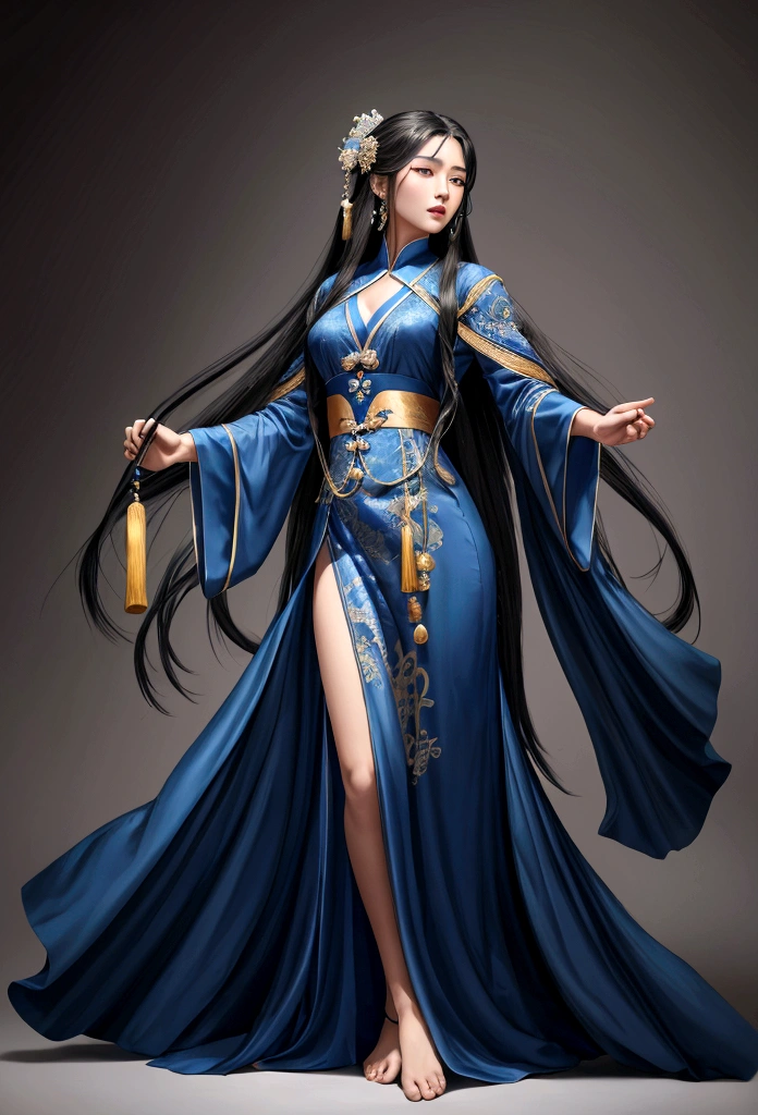 Close up of person in blue gown with long hair, flowing hair and long gowns, heise jinyao, full body martial arts, Guandosung(Guan Daosheng)inspired by, with his long black hair, Inspired by Jojbai, Jingna Zhang, wearing a blue gown, by Jay Yang, Inspired by Oh Do-ja, Inspired by Woobin