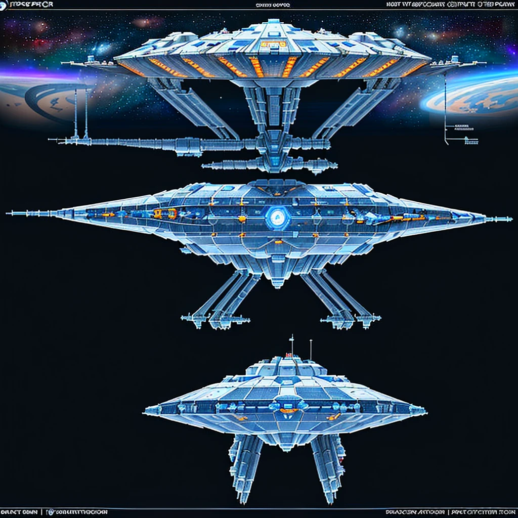 there is a drawing of a space station with a satellite, industrial humanity spaceship, symmetrical outpost, orbital station, blueprint of a spaceship, detailed spacecraft, blueprint of spaceship, hexagonal planetary space base, spaceship design, scifi space station, space station, cargo spaceships, blueprint schematics, detailed spaceship, scifi platform, background space station, spaceship hangar