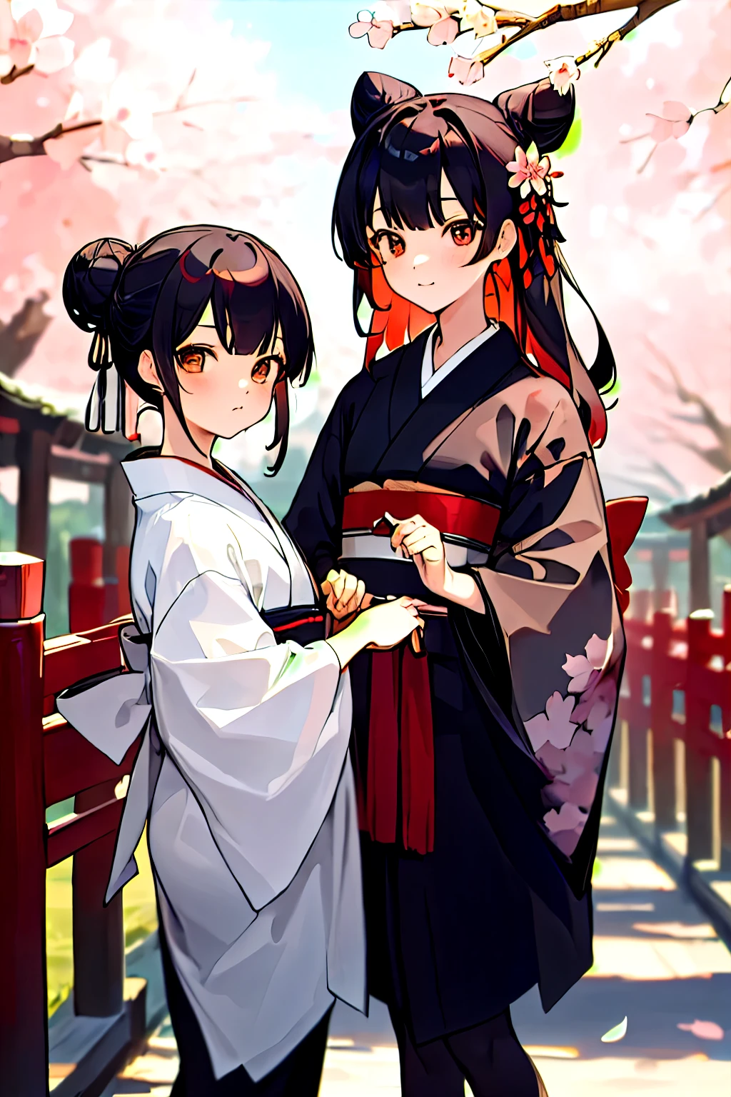 ((masterpiece,Highest quality)),Two Girls, black kimono, Black legwear, black ribbon, Black Hair, cherry blossoms, Day, flower, Hair Bun, hair ribbon, kimono, kimono, Long Hair, View your viewers, Recall, Multiple Girls, heart, Outdoor, 赤Good eyes, Redhead, ribbon, Sandals, single Hair Bun, stage, Are standing, picture, torii, wood, white kimono, Good eyes