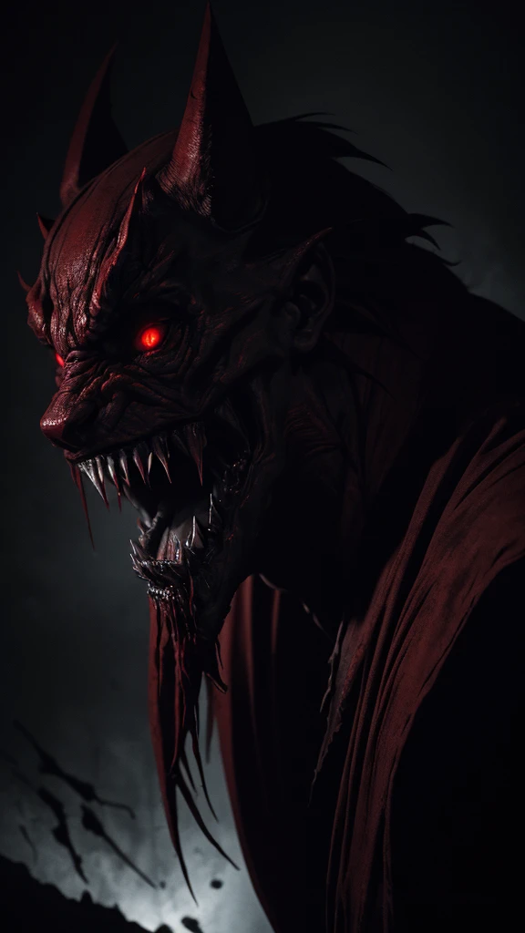 a dark and twisted hyperrealistic horror scene, a demonic figure with glowing red eyes, sharp teeth and claws, looming over a terrified victim, dark gloomy atmosphere, chiaroscuro lighting, moody color palette, dramatic shadows, unsettling and disturbing, cinematic camera angle, masterpiece, highly detailed, photorealistic, 8k