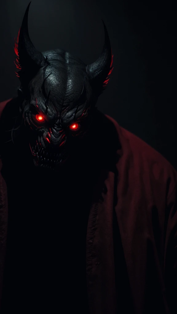 a dark and twisted hyperrealistic horror scene, a demonic figure with glowing red eyes, sharp teeth and claws, looming over a terrified victim, dark gloomy atmosphere, chiaroscuro lighting, moody color palette, dramatic shadows, unsettling and disturbing, cinematic camera angle, masterpiece, highly detailed, photorealistic, 8k