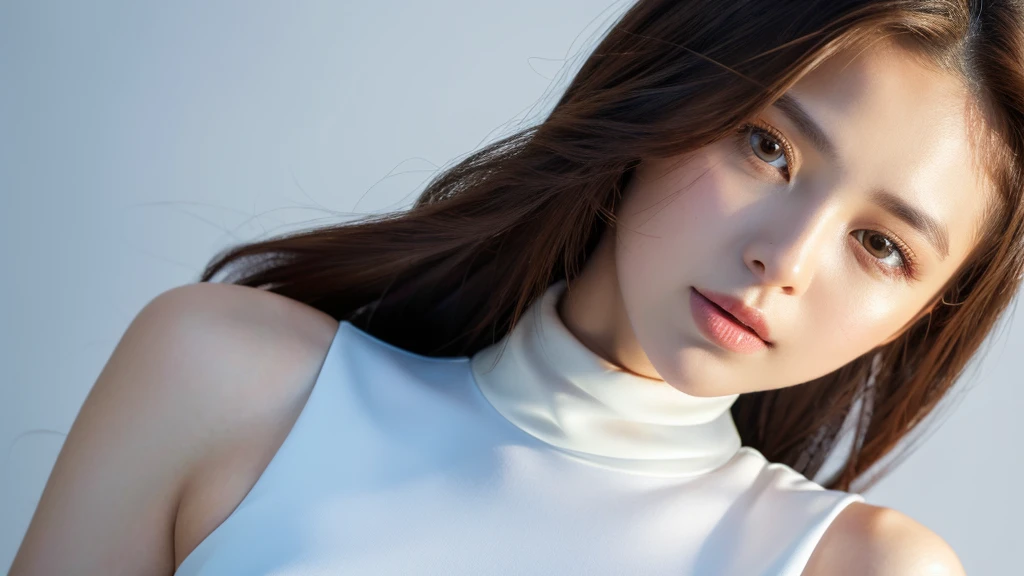 (detailed face),VIVID,normal breasts,pretty,sleeveless and turtle neck white silky clothes,4k ,super high resolution ,(photo-realistic: 1.7),white background,long hair,