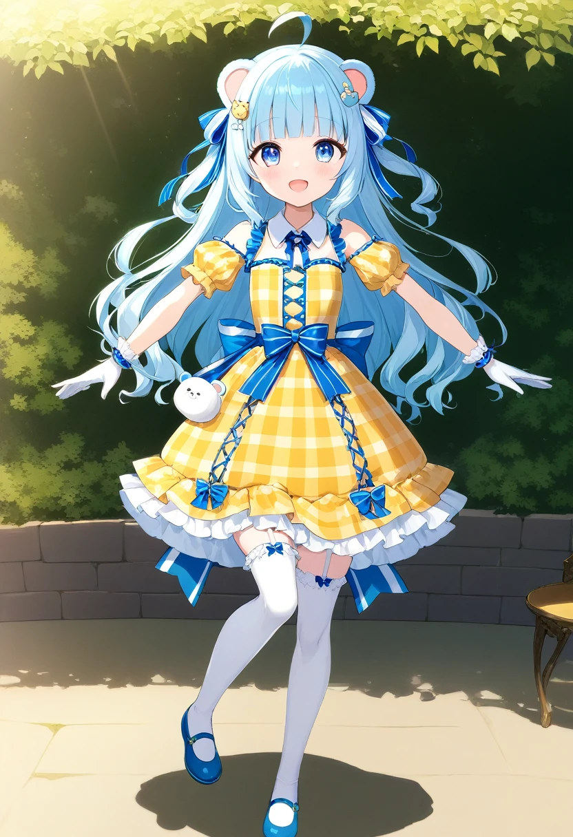 masterpiece, best quality, extremely detailed, (illustration, official art:1.1), 1 girl ,(((( light blue long hair)))), ,(((( light blue long hair)))),light blue hair, , long hair ((blush)) , cute face, big eyes, masterpiece, best quality,(((((a very delicate and beautiful girl))))),Amazing,beautiful detailed eyes,blunt bangs((((little delicate girl)))),tareme(true beautiful:1.2), sense of depth,dynamic angle,,,, affectionate smile, (true beautiful:1.2),,(tiny 1girl model:1.2),)(flat chest), 1girl, , charmy-angle, looking at viewer, blue bow, frills, striped bow, head tilt, smile, frilled dress, thighhighs, white thighhighs, hair ornament, shoes, frilled sleeves, dress bow, cross-laced clothes, blue eyes, wrist cuffs, puffy short sleeves, polka dot bow, detached sleeves, leg up, short sleeves, solo, white gloves, bow legwear,, bow print, holding, blunt bangs, standing on one leg, outstretched arms, yellow dress, ahoge, plaid dress, :d, layered dress, blue footwear, collared dress, spread arms, off shoulder, white bow, hair bow, wavy hair, bag, animal bag, white neckwear, standing, blue ribbon, handbag, blush, neck ribbon, yellow bow, diagonal-striped bow, white collar, bear print, shadow, hair ribbon, bare shoulders, frilled thighhighs, orange dress, garter straps, open mouth, frilled bow, print skirt, detached collar, bear shaped bag, back bow, puffy sleeves, masterpiece, best quality,(((Checked dress)))
,garden, (Tea party, tea set,)