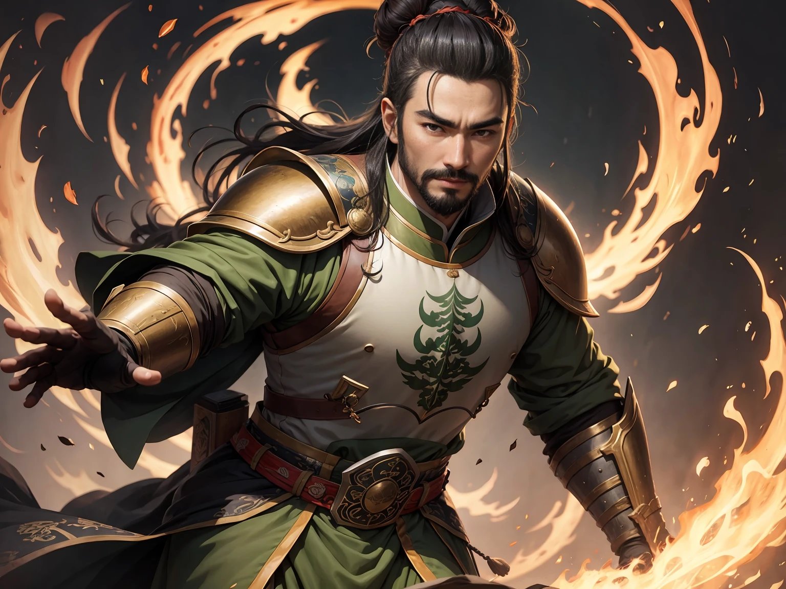 (oil art) Full-length portrait of Chinese Liu Bei. His appearance is goat's beard, soft and charismatic. His topknot and light green armor unique to ancient China.