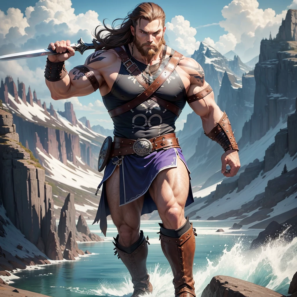 Vector design for t-shirt the one black tatto Viking left arm, a full body muscular Viking man, muscular legs, holding just one big sword in his right hand, perfect hands, brown hair parted with bangs, perfect realistic blue eyes, wearing warrior leather boot, wearing warrior boots, lake and mountains in the background.