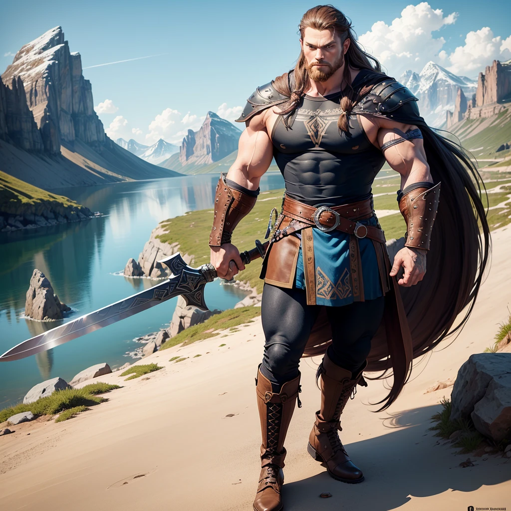 Vector design for t-shirt the one black tatto Viking left arm, a full body muscular Viking man, muscular legs, holding just one big sword in his right hand, perfect hands, brown hair parted with bangs, perfect realistic blue eyes, wearing warrior leather boot, wearing warrior boots, lake and mountains in the background.
