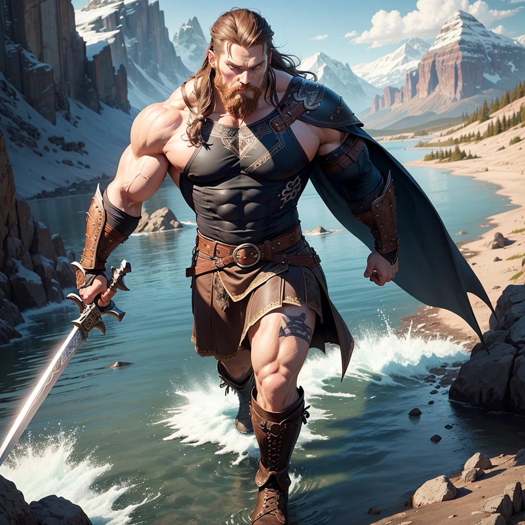 Vector design for t-shirt the one black tatto Viking left arm, a full body muscular Viking man, muscular legs, holding just one big sword in his right hand, perfect hands, brown hair parted with bangs, perfect realistic blue eyes, wearing warrior leather boot, wearing warrior boots, lake and mountains in the background.