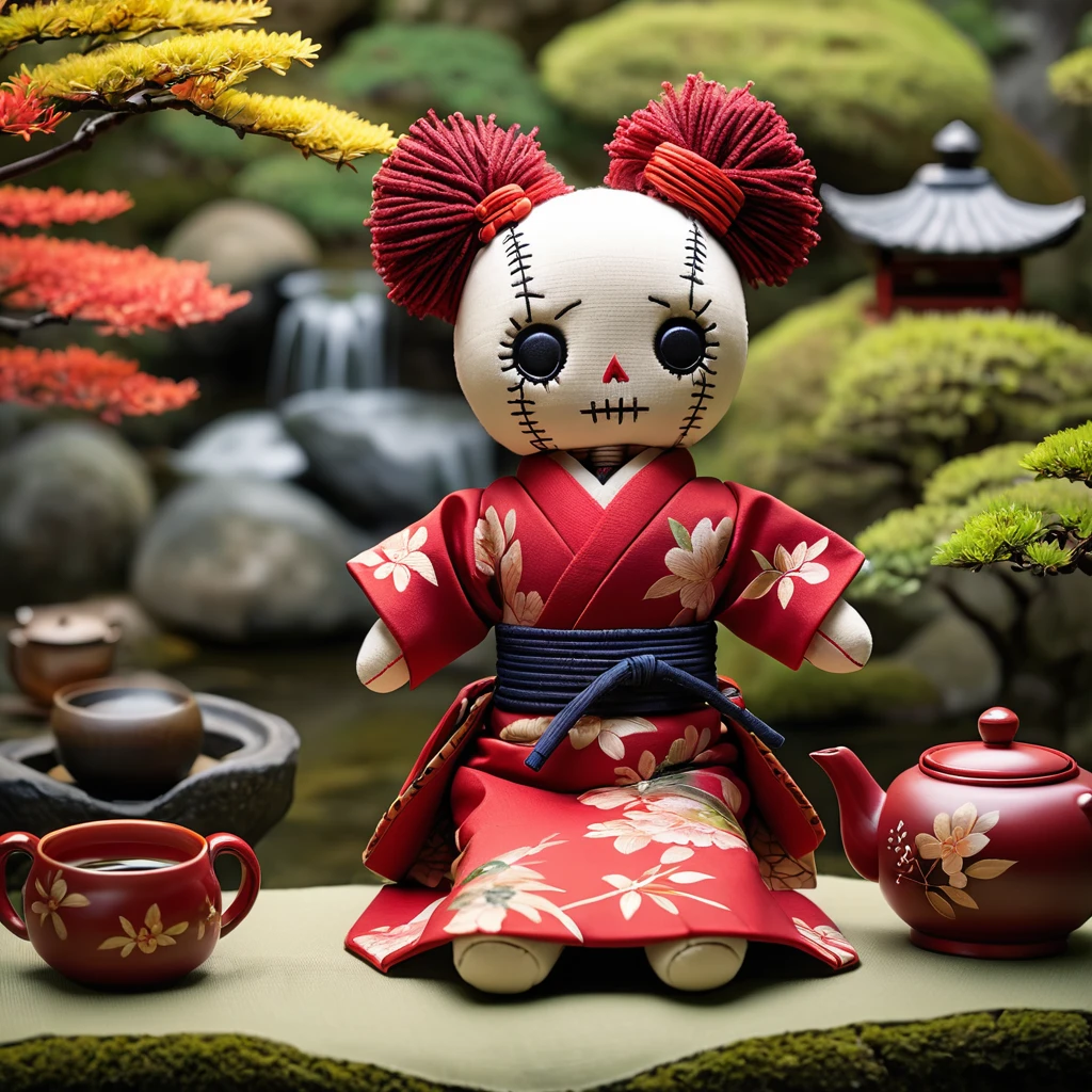 (knitted toy voodoo doll:1.7), (Voodoo Tea Master:1.3), (clothes Traditional kimono, teapot, tea cup:1.0), (background Japanese garden, tea ceremony, calm atmosphere:1.3),  best quality, masterpiece, detailed soft oil painting, detailed background, dramatic cinematic lighting, soft edge lighting, professional, dramatic lighting, hard edge lighting, ultra quality, 4k,masterpiece, best quality, 8k, ultra highres, highres, extremely detailed