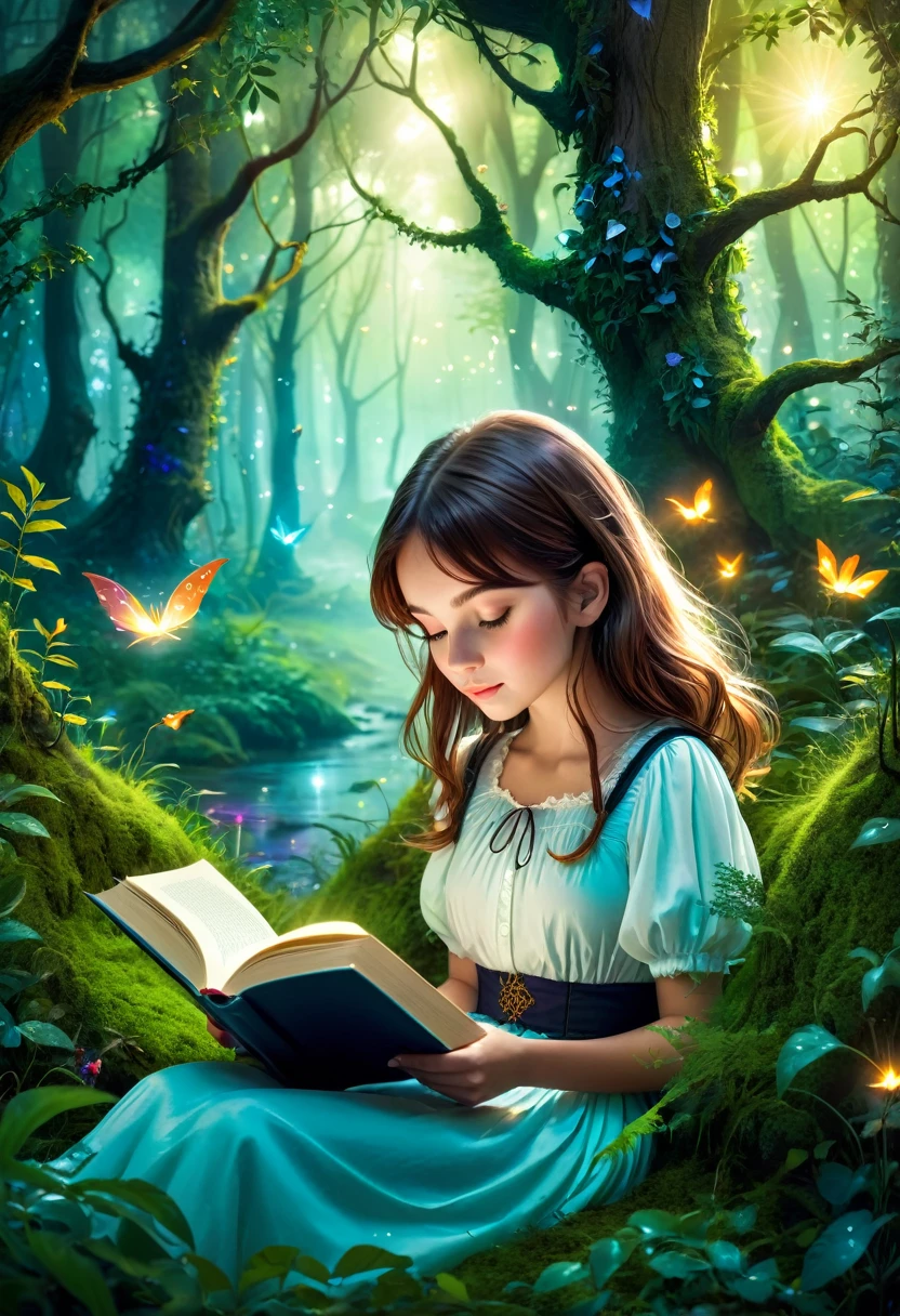 Girl reading a book in a magical forest
