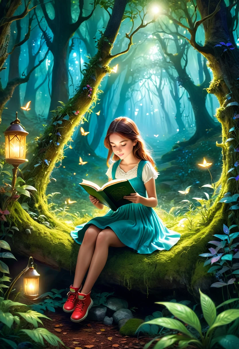 Girl reading a book in a magical forest